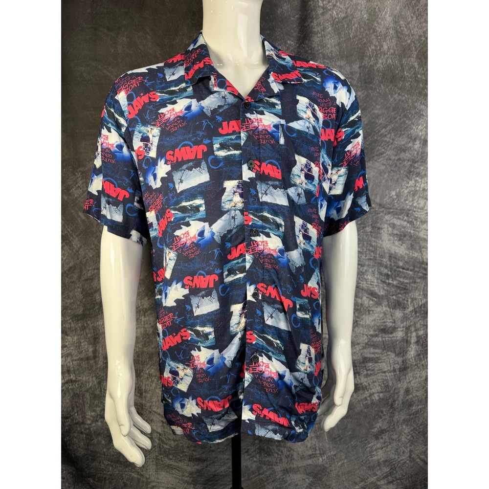 JAWS Movie Camp Shirt Mens Large All Over Print You're Gonna Need A Bigger Boat